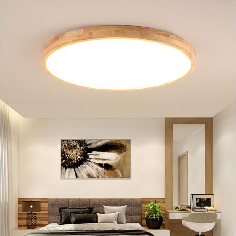 Round Flush Light Fixtures Modern Style Wood 1 Light Flush Mount Lights