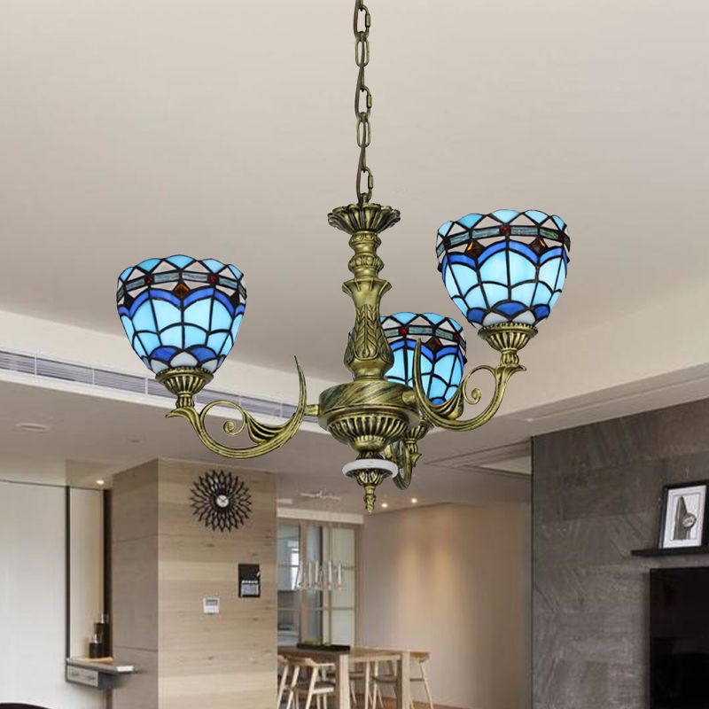 Curved Arm Hanging Chandelier 5/9/11 Lights Cut Glass Victorian Suspension Lighting in Blue for Bedroom