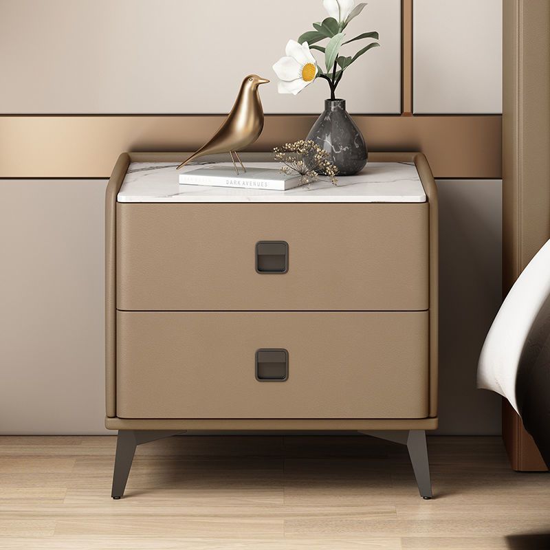 Contemporary Accent Table Nightstand Stone Night Table with 2 Drawers