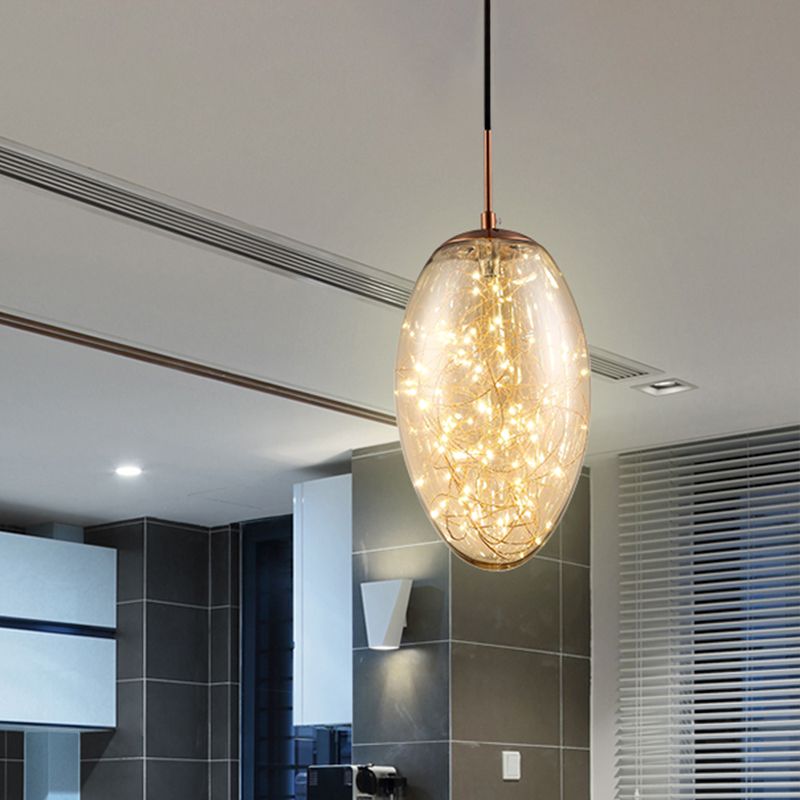 Oval Living Room Hanging Light Smoke Gray/Amber Glass LED Contemporary Pendant Lighting Fixture