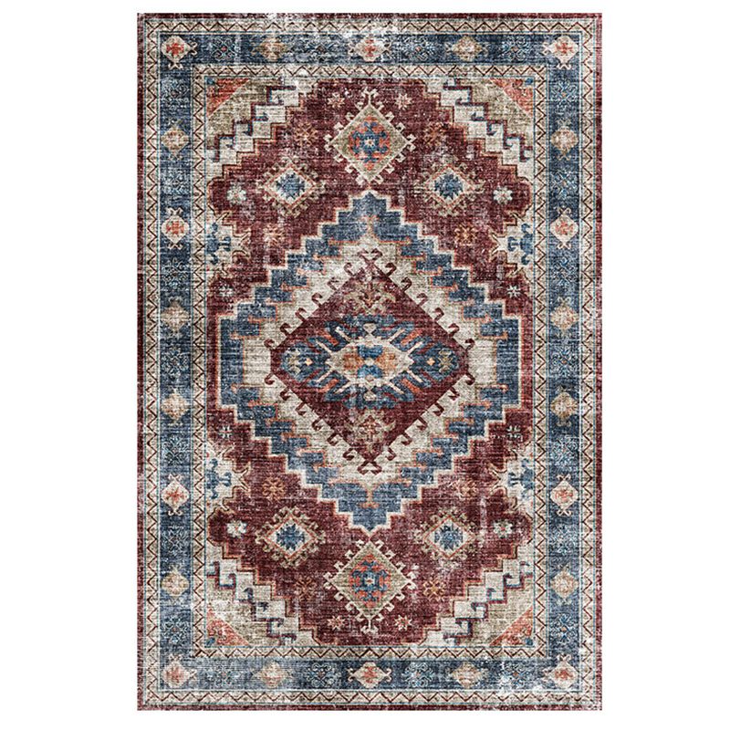 Blue Tone Distressed Area Carpet Polyester Floral Printed Indoor Rug Anti-Slip Backing Carpet for Living Room