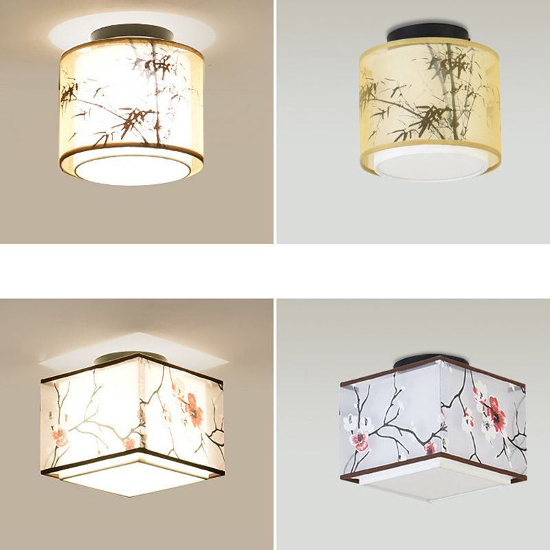 1-Bulb Ceiling Flush Mount Vintage Hallway Flush Lamp with Double Fabric Shade in Black