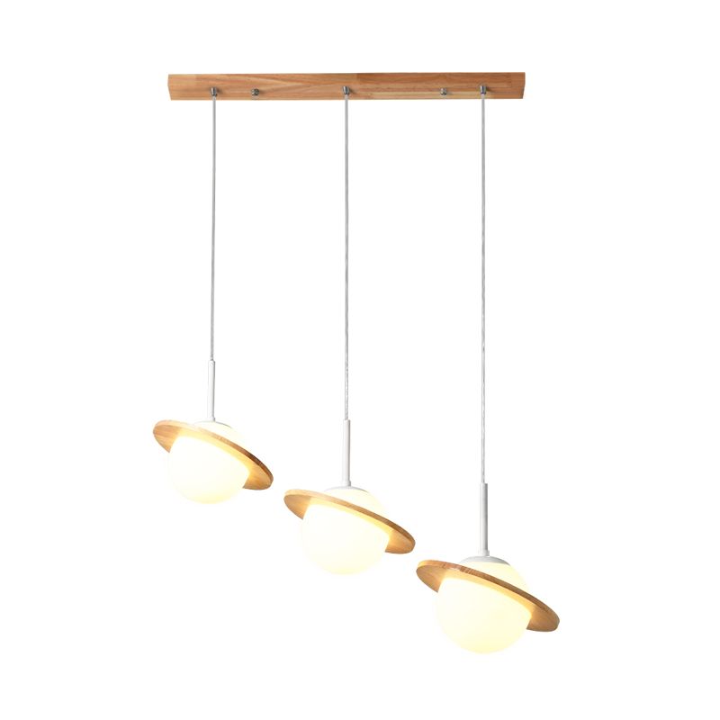 Modern Globe Multi Light Pendant Opal Glass 3 Heads Dining Room Ceiling Lamp with Ring Wood Detail