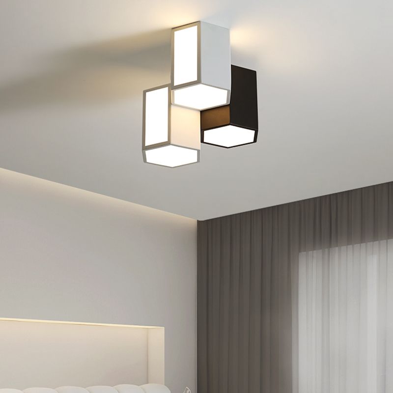 3 Light LED Flush in Black and White Geometric Iron & Acrylic Ceiling Mount Fixture