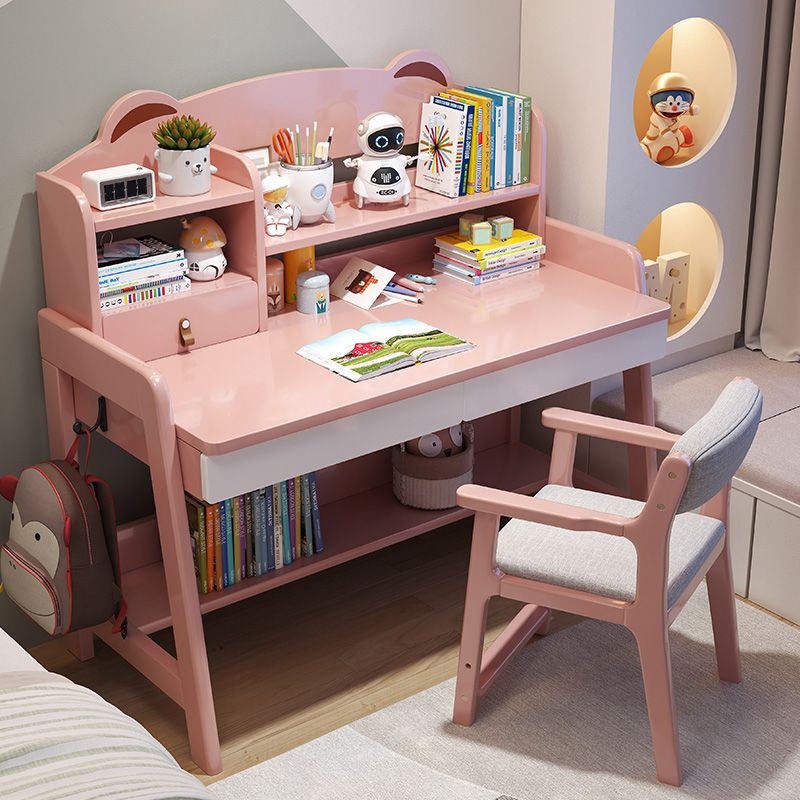 Adjustable Kids Desks and Chair Set with Hutch 2 Drawers Solid Wood Child Writing Desks