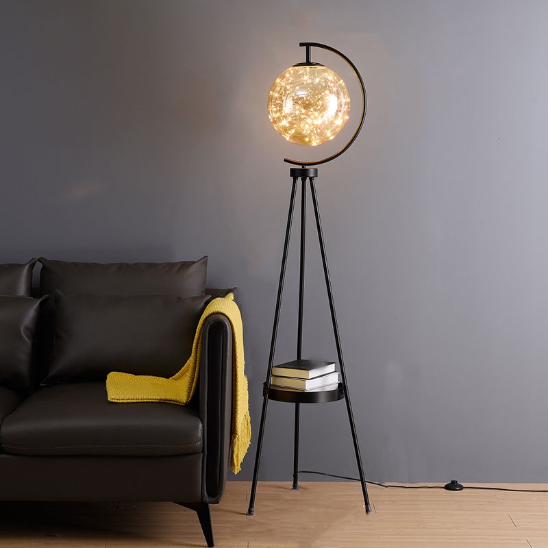 Nordic Style Metal Floor Lamp Tripod Shape LED Floor Light with Glass Shade for Bedroom