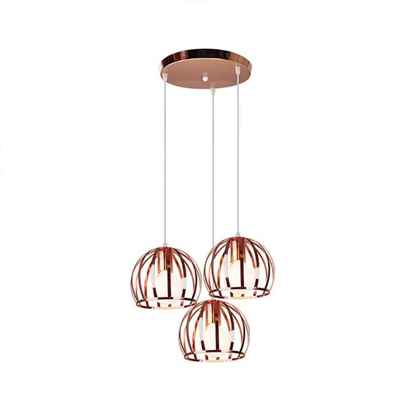 Domed Metal Hanging Lamp with Wire Cage Shade Industrial 3 Heads Living Room Ceiling Pendant in Copper