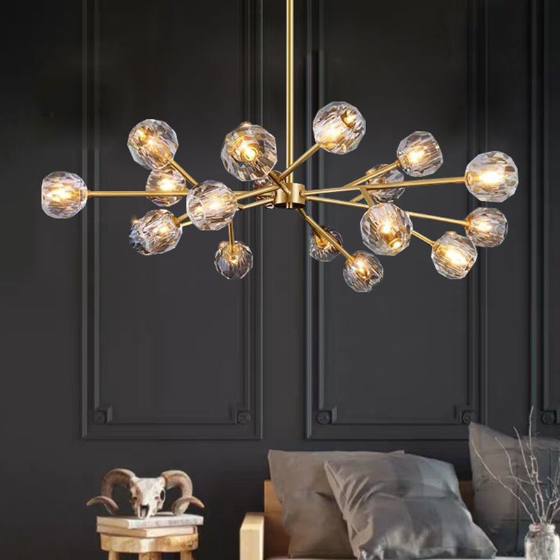 Branche salon Suspension Light Metal Metal Artistic Chandelier Light avec une nuance de cristal à facettes en or