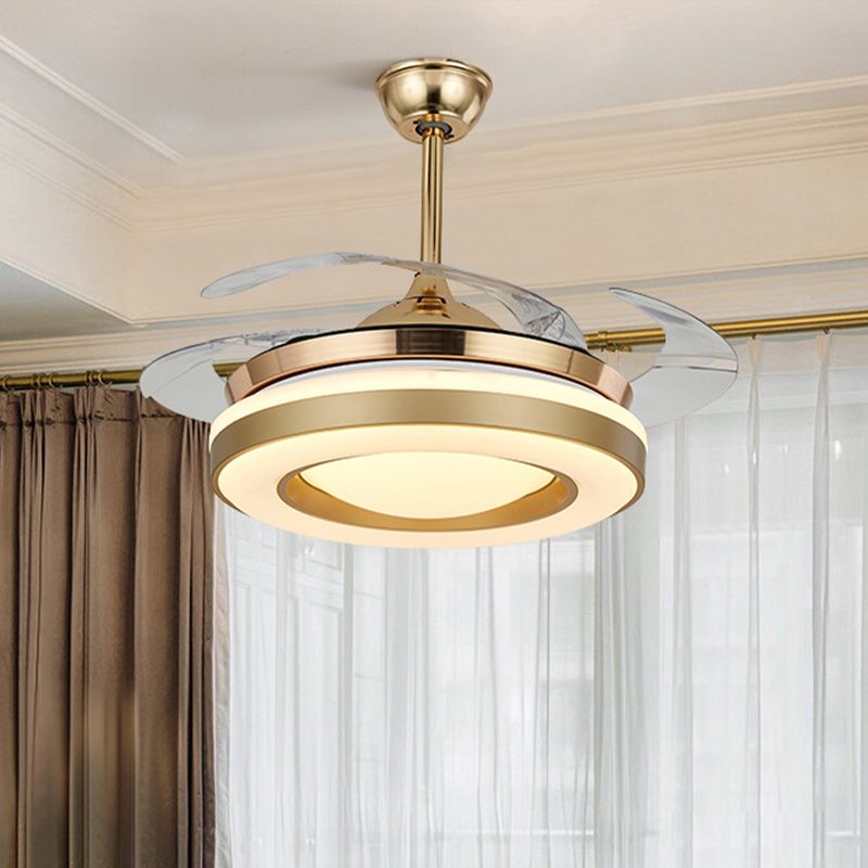 Gouden cirkelvormige hangende ventilatorverlichting eigentijdse acryl 42 "W led eetkamer semi-flush plafondlicht met 4 heldere messen, externe/muurregeling