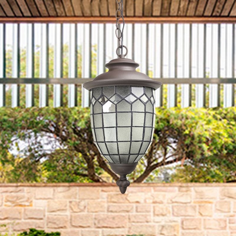 Coffee Dome Shade Plafond Pendant style rustique Verre givré 1-Light Outdoor Hanging Light Kit avec design de grille