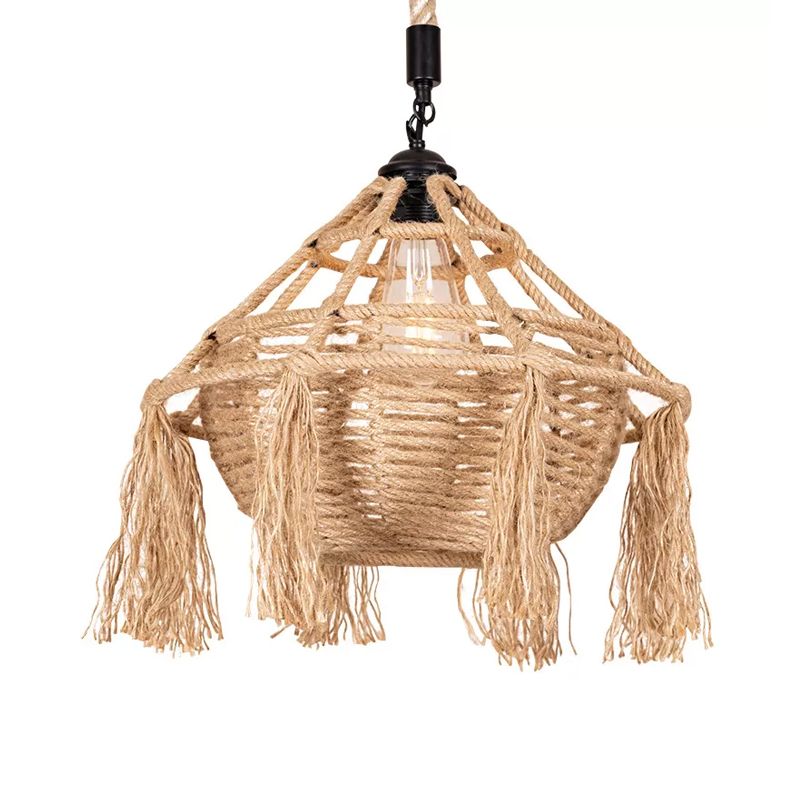 Brown Droplet Shaped Hanging Pendant Countryside Rope 1 Head Restaurant Ceiling Light with Tassel