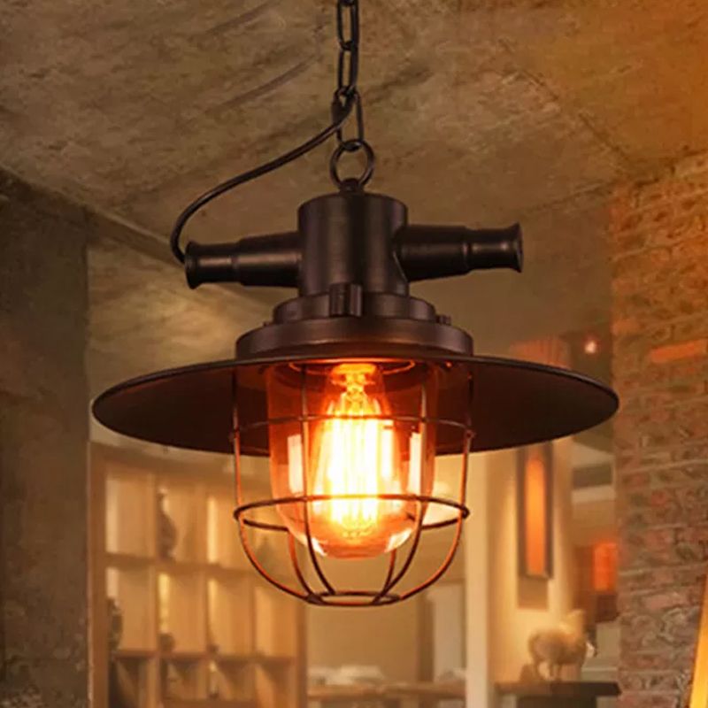 Single-Bulb Saucer Pendulum Light Industrial Black Iron Ceiling Pendant with Cage and Clear Glass Shade