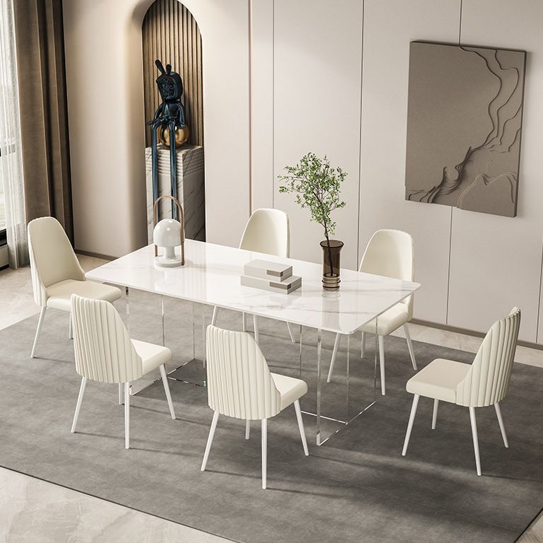 1/2/5/7 Pieces White Dining Set Sintered Stone Rectangle Dining Set with Leather Chairs