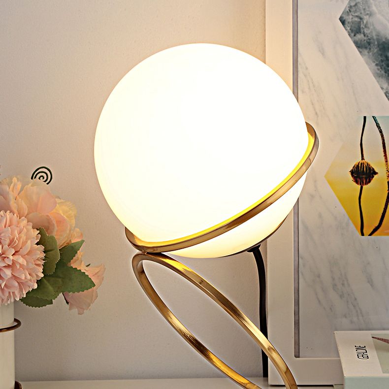 Golden Ring Night Lamp Minimalist 1-Light Metal Table Light with Ball Milk Glass Shade