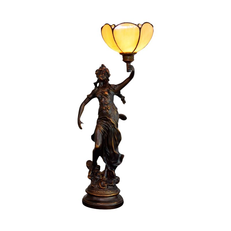 Single Scalloped/Cone Shade Table Light Tiffany Yellow/White-Brown Glass Nightstand Lamp with Greek Woman Statue