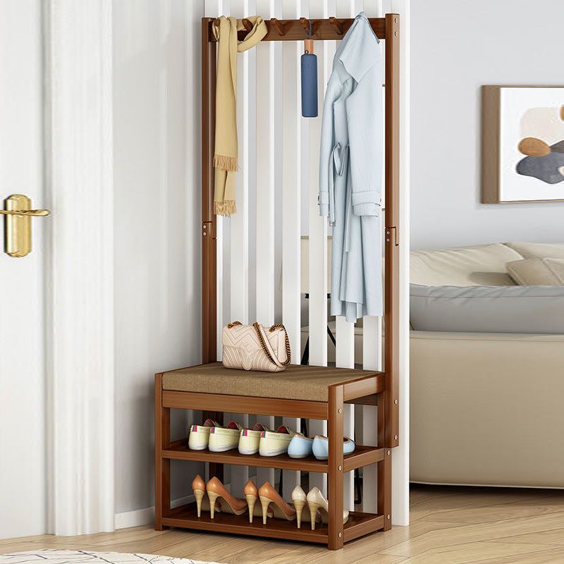 Modern Style Coat Rack Plain Solid Wood Free Standing Coat Hooks Design with Shoes Storage