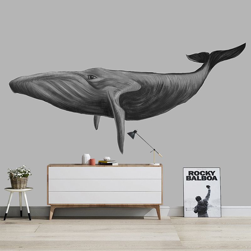 Big Photo Style Modern Mural for Living Room with Lively Whale in Grey