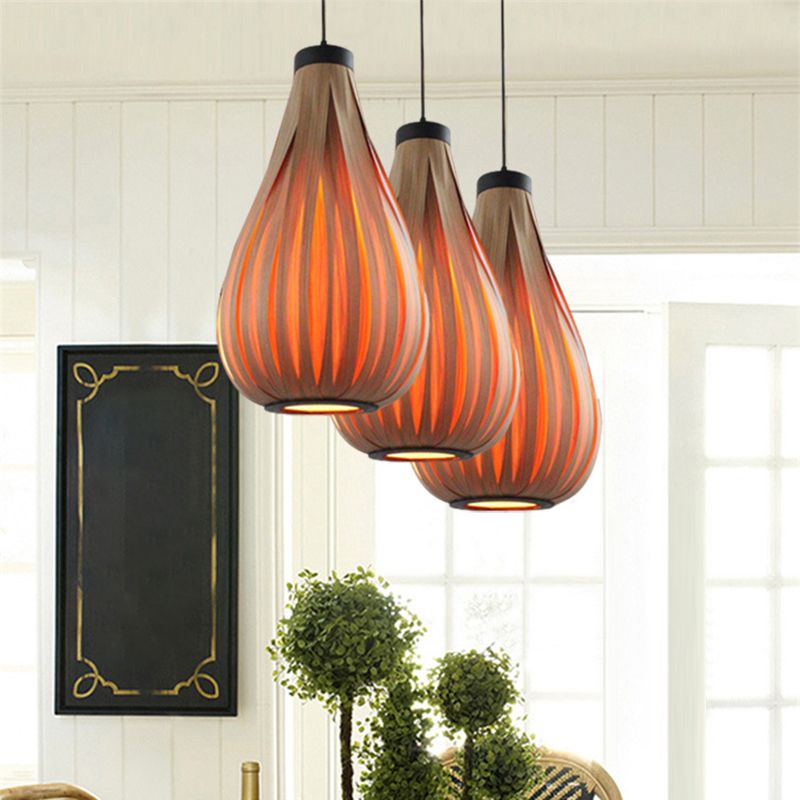 Orange Teardrop Suspension Lighting Minimalist Single-Bulb Wood Pendant Ceiling Light