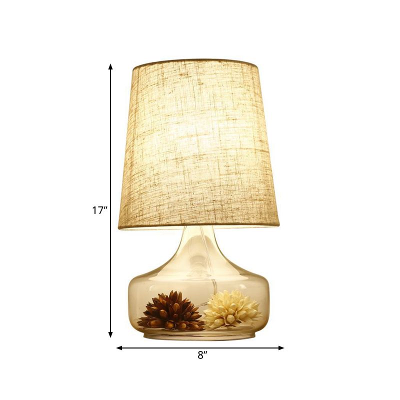 1-Head Fabric Desk Lighting Pastoral Cream Gray Tapered Bedroom Night Light with Clear Glass Base and Flower