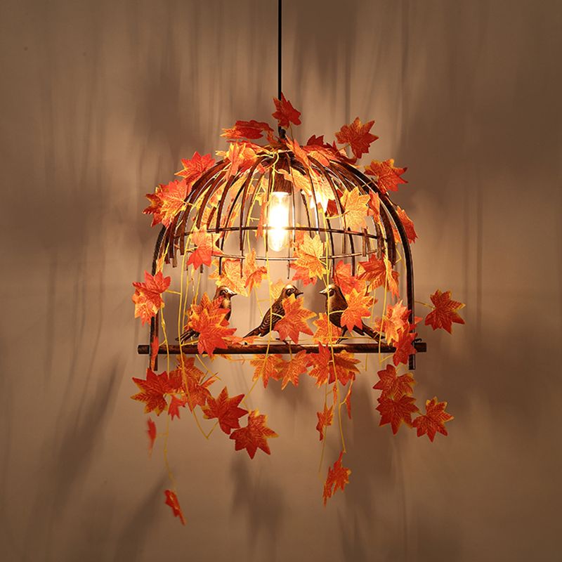 Red 1-Light Hanging Pendant Farm Style Metallic Birdcage Suspension Lamp with Fake Maple Leaf Deco