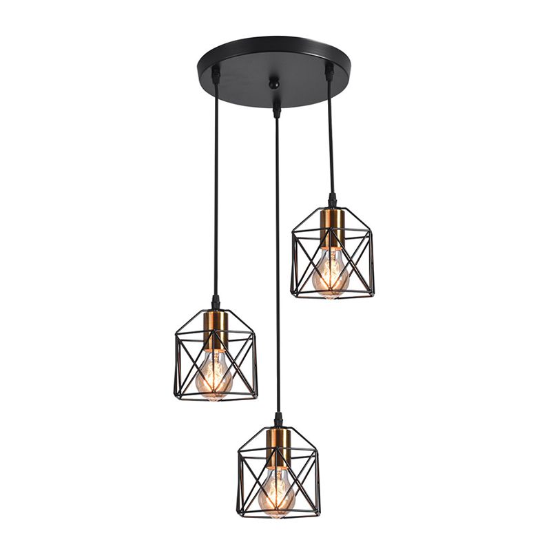 3 têtes Cluster Pendant Loft Hexagonal Cage Shade Metal plafond Hang Light for Dining Room