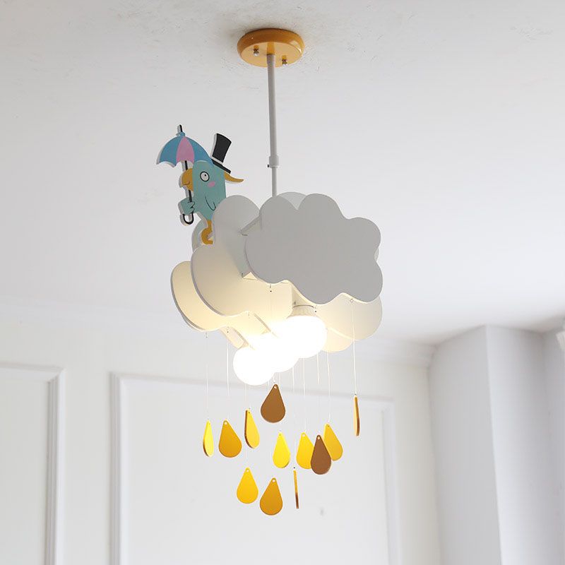 1 Head Bedroom Hanging Ceiling Light Kids White Pendant Light with Cloud and Birds Wood Shade