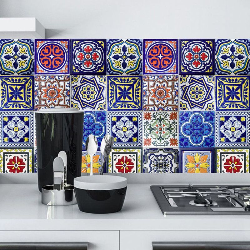 Boho Moroccan Tiles Wallpaper Panel Red-Yellow-Blue Pick Up Sticks Wall Decor for Kitchen