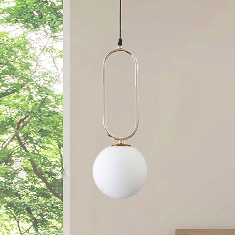 Contemporary Orb Shade Pendant Light Milk Glass 1 Head Living Room Hanging Fixture in Gold Finish