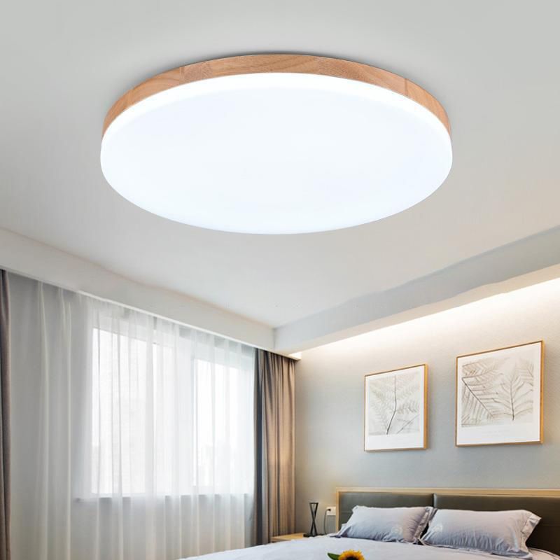 Wood Modern Flush Mount Geometric Shape Ceiling Light with Acrylic Shade for Living Room