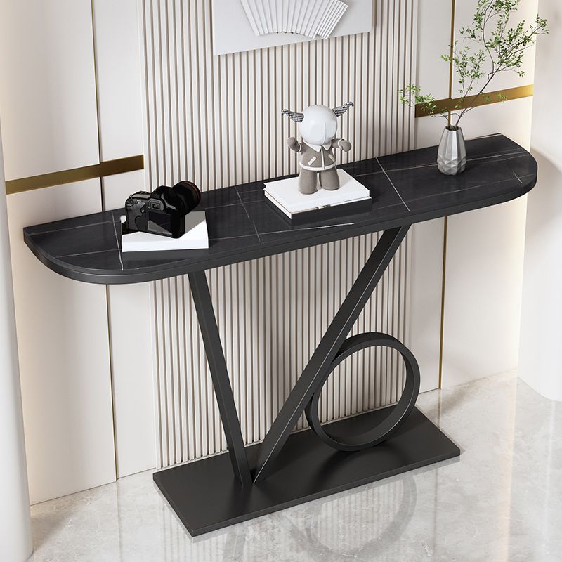 Stone Half Moon Top Console Table with Iron Pedestal Base Accent Table