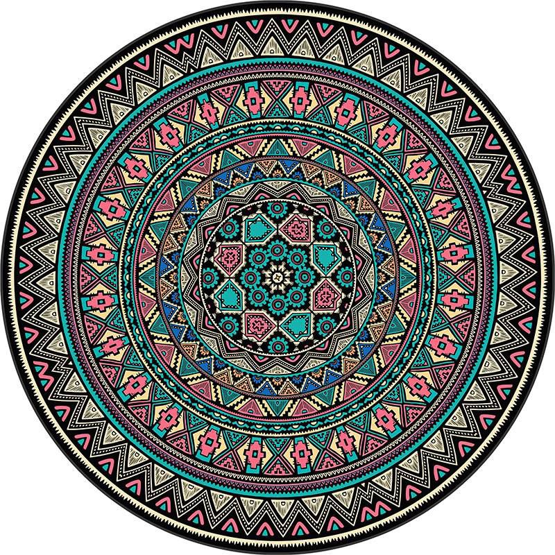 Round Multicolor Flower Print Rug Polyester Carpet Retro Anti-Slip Backing Indoor Rug for Bedroom