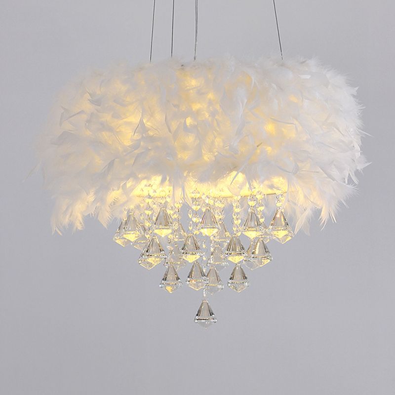 Drum Dining Room Hanging Light Feather Romantic Suspension Light with Crystal Deco in White