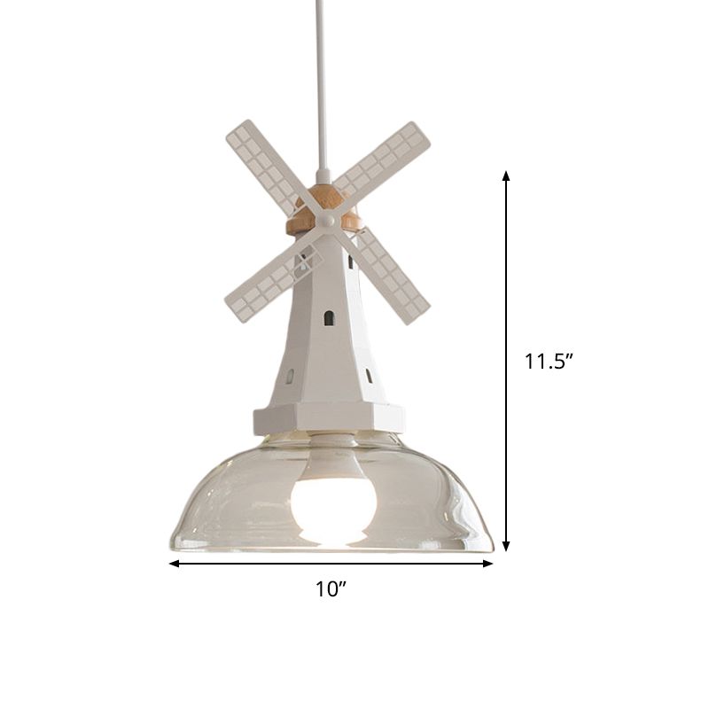 Clear Glass Barn Hanging Light 1 Bulb Modern Ceiling Pendant with Windmill in White for Restaurant