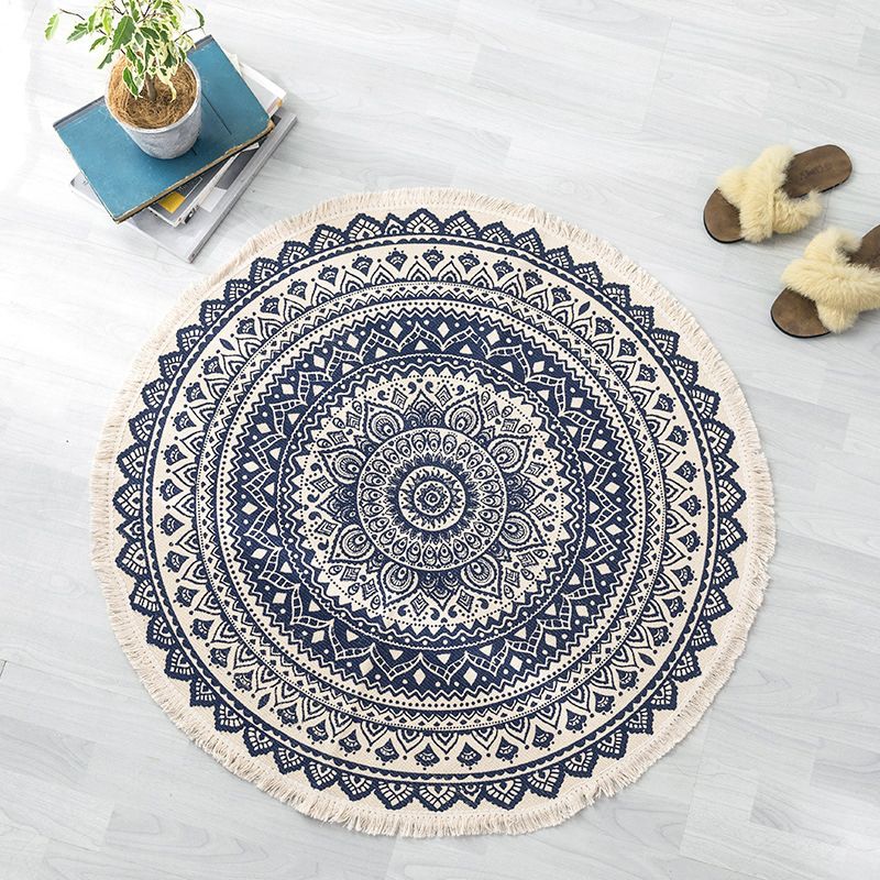 Moroccan Round Rug Hand-Knitted Area Rug with Fringe Soft Cotton Blend Carpet for Home Decor