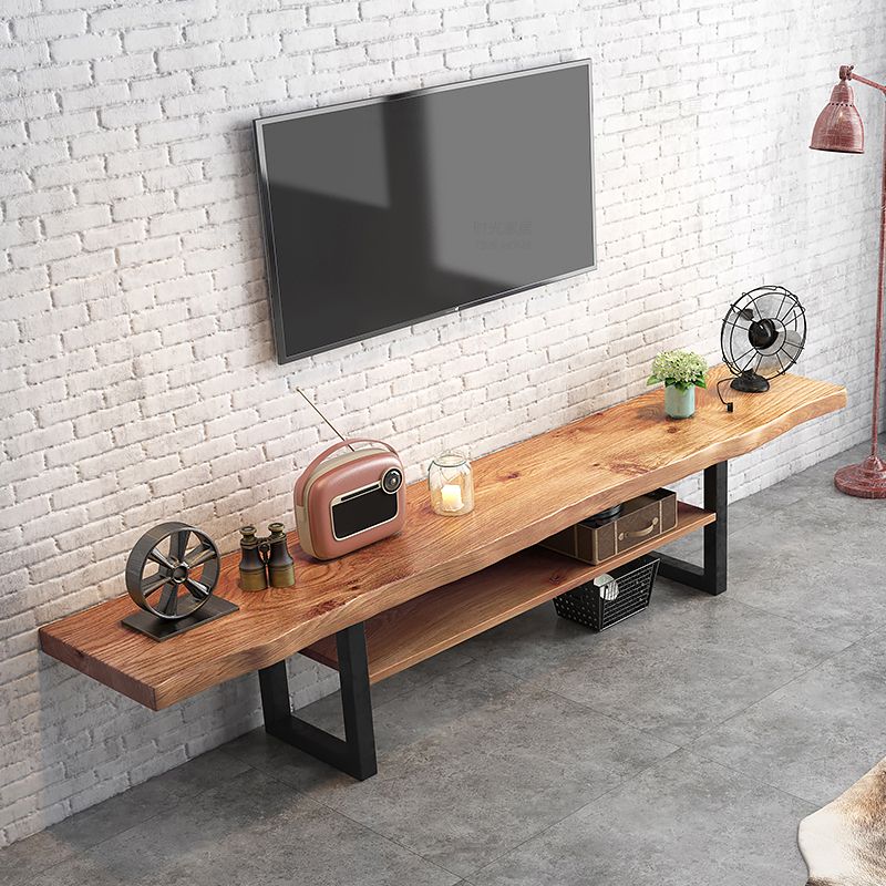 Natural Wood Media Console with Shelves Industrial TV Media Stand, Pine Wood