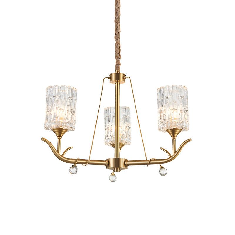 3/6/8-Light Hand-Blown Textured Glass Chandelier Postmodern Brass Cylinder Dining Room Hanging Ceiling Light