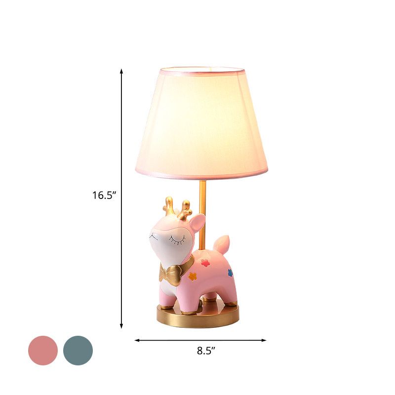 Sika Deer/Unicorn Bedside Table Lamp Resin Single Kids Night Light in Pink/Blue with Tapered Fabric Shade