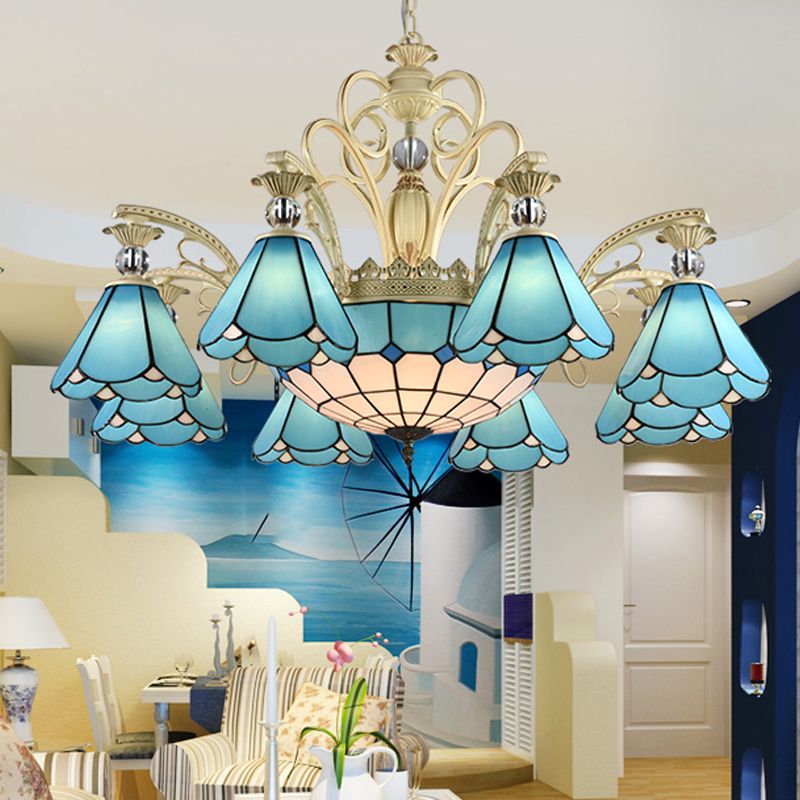 Blue Glass Scalloped Chandelier Mediterranean Dining Room Ceiling Suspension Lamp