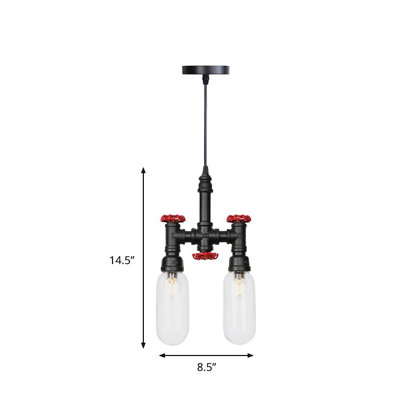 Schwarze Rohrleitungsleuchterbeleuchtung Industrieeisen 2/4/5 Glühbirnen Kaffeehaus Anhängerlampe mit Pillenkapsel klarer Glasschatten