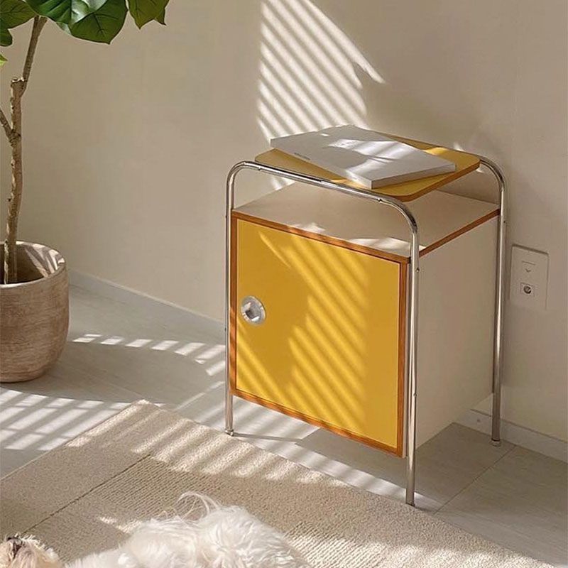 Contemporary Yellow Wooden Night Table with 1 Cabinet for Bedroom