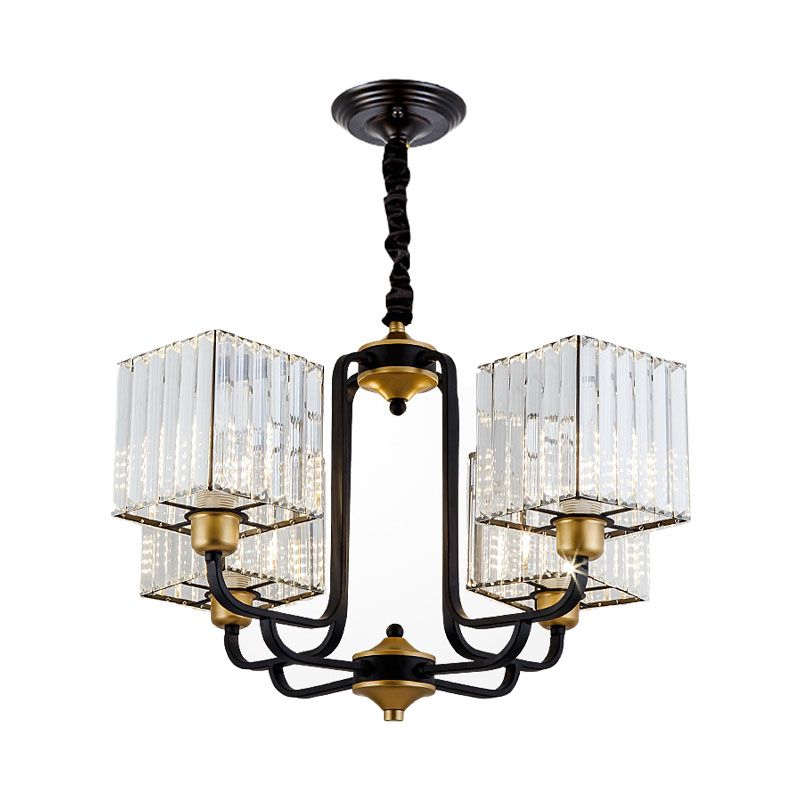 Square Pendant Chandelier Modernism Crystal 4/6/8 Bulbs Black Hanging Light Fixture, 26"/34"/36" Wide