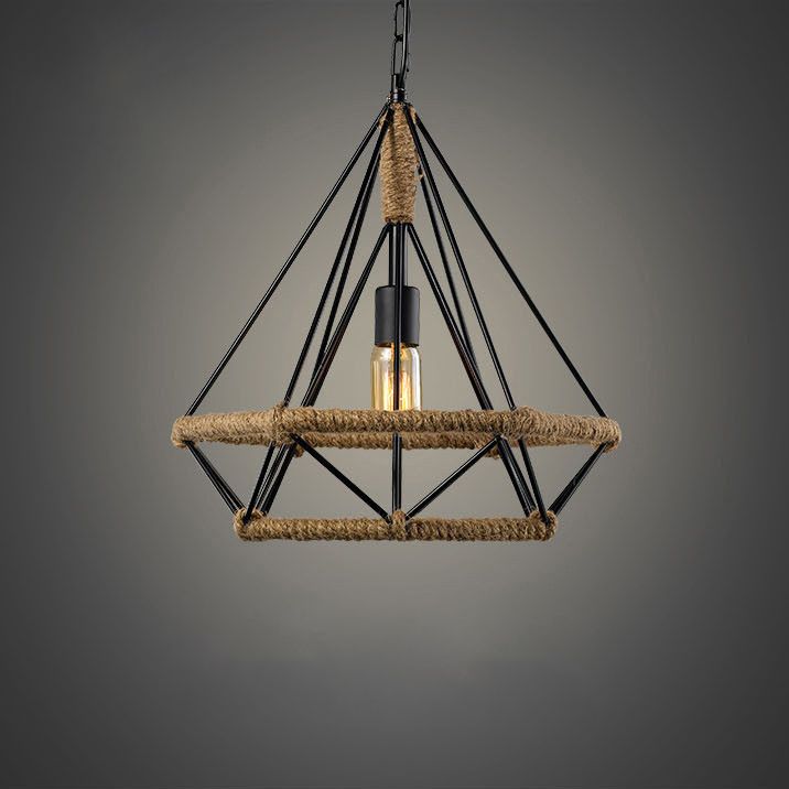 Rope Diamond Pendant Light Fixture Industrial Restaurant Pendant Light Kit in Beige