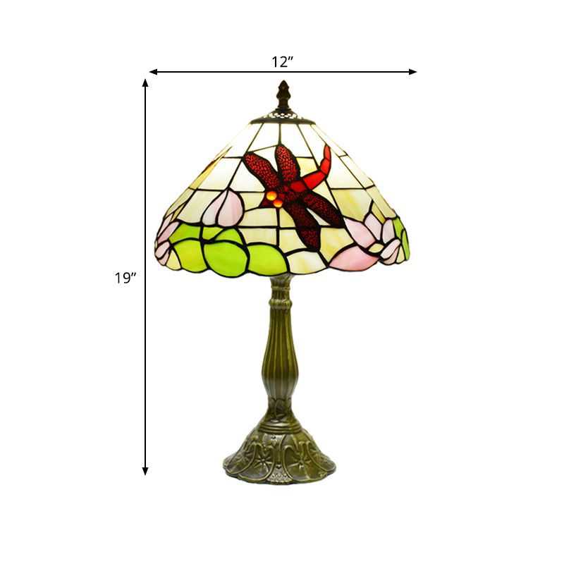 Handcrafted Stained Glass Cone Night Lamp Tiffany 1 Light Bronze Finish Table Lighting with Dragonfly and Lotus Pattern