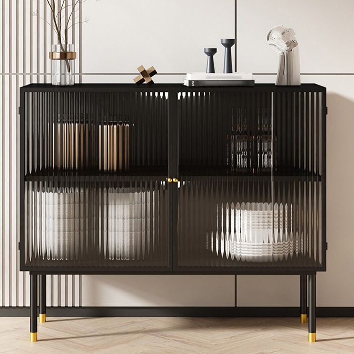 39.5"L Glam Iron Sideboard Striped Glass Doors Cabinets Dining Server for Living Room