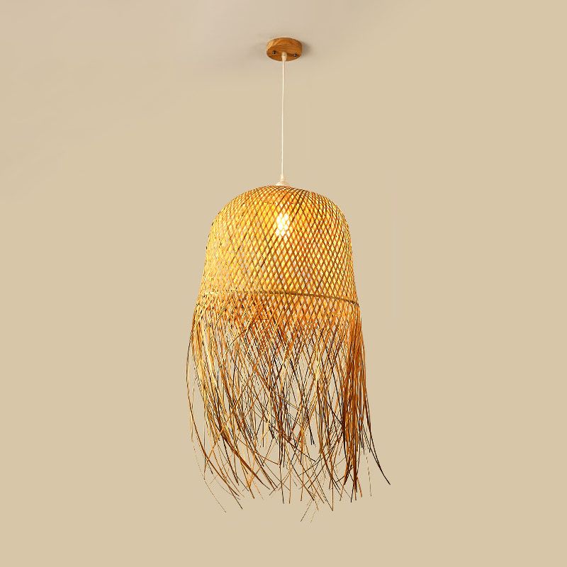 Weaving Dome Pendant Light Fixture Asian Bamboo 1-Light Dining Room Ceiling Lamp with Fringe in Wood