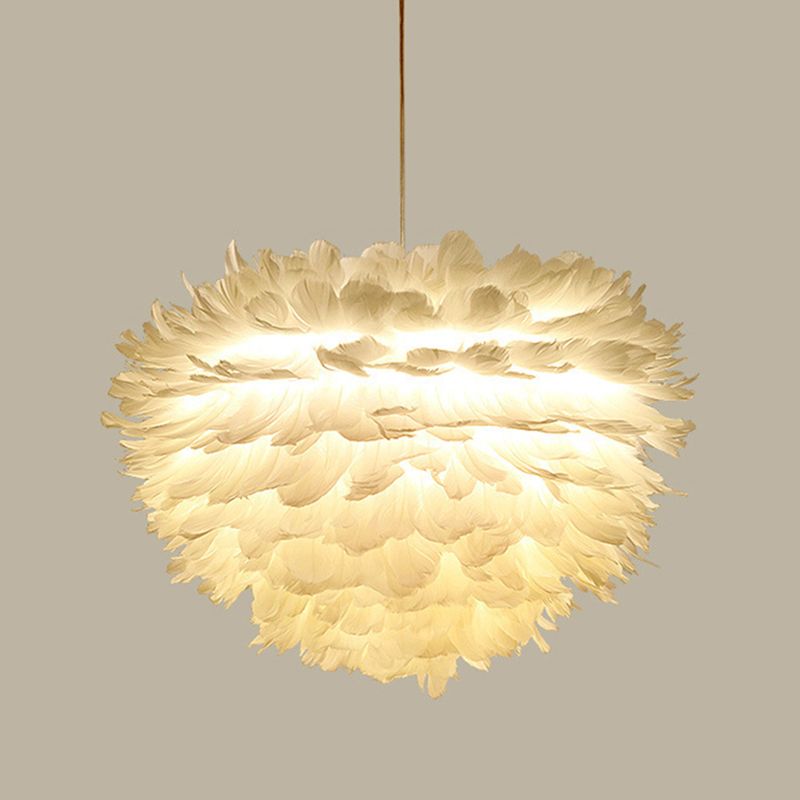 White Feather Pendant Light in Modern Luxury Style Wrought Iron Sphere Chandelier for Bedroom