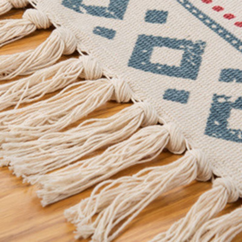 Blue Bohemian Area Rug Cotton Americana Pattern Carpet Fringe Indoor Rug for Bedroom