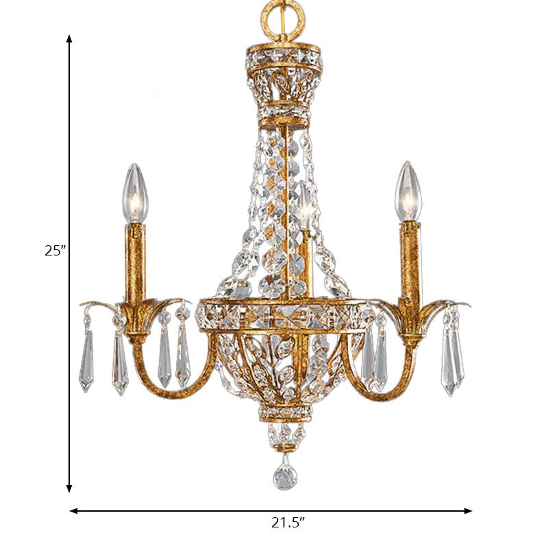 Retro Pyramid Hanging Chandelier Crystal 3 Heads Suspension Light in Gold for Living Room