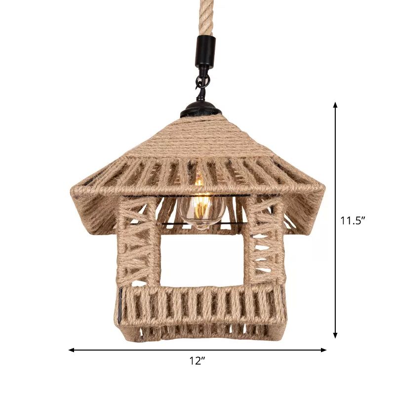 Brown Pavilion Hanging Pendant Country Hand-Woven Rope Single Restaurant Suspension Lighting