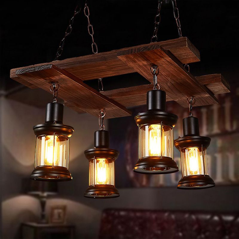 Cylinder Shape Island Lamps Industrial Style Wood 4 Lights Island Light in Brown